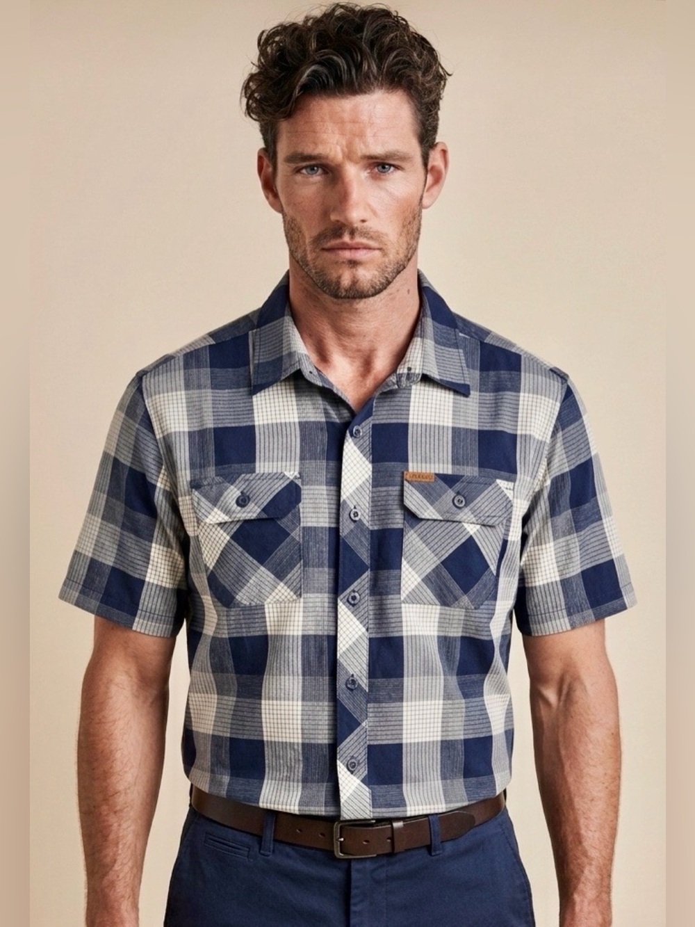 Orvis Classic Collection Navy and Gray Short Sleeve Button Up Shirt M